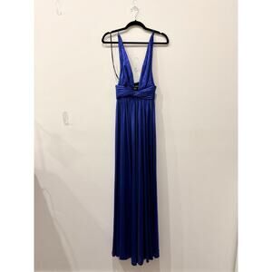 Retrofete Metallic Plunging V-Neck Empire Waist Pleated Maxi Dress Royal Blue XS